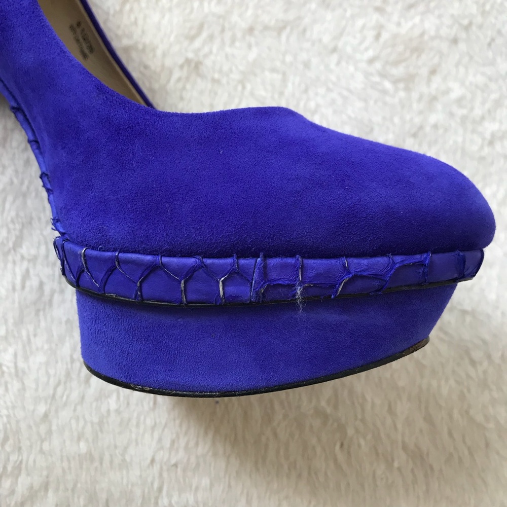 B Brian Atwood Fontanne Purple Ultra Violet Suede and Snake Print Leather Heels - Picture 6 of 13